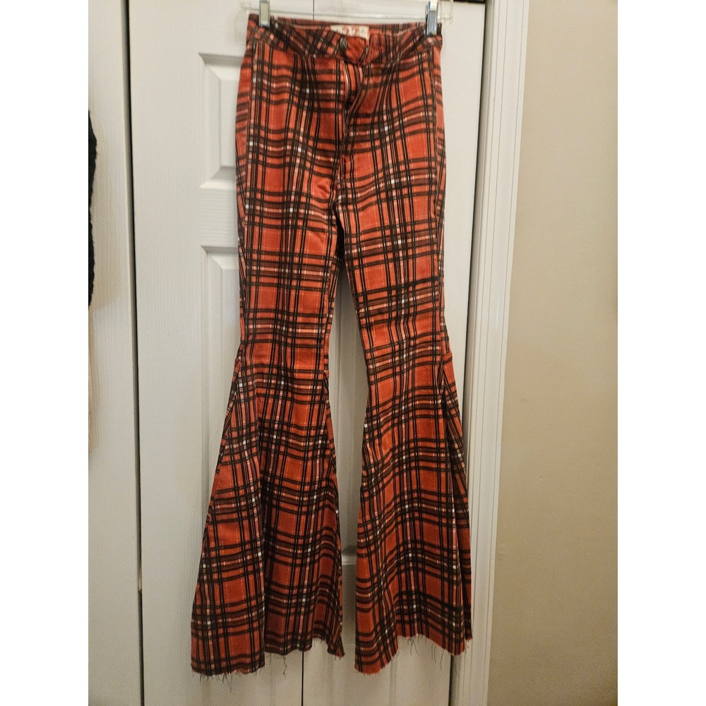 We The Free People Penny Pull On Flare Jeans Red Black Plaid Bell Bottoms 27